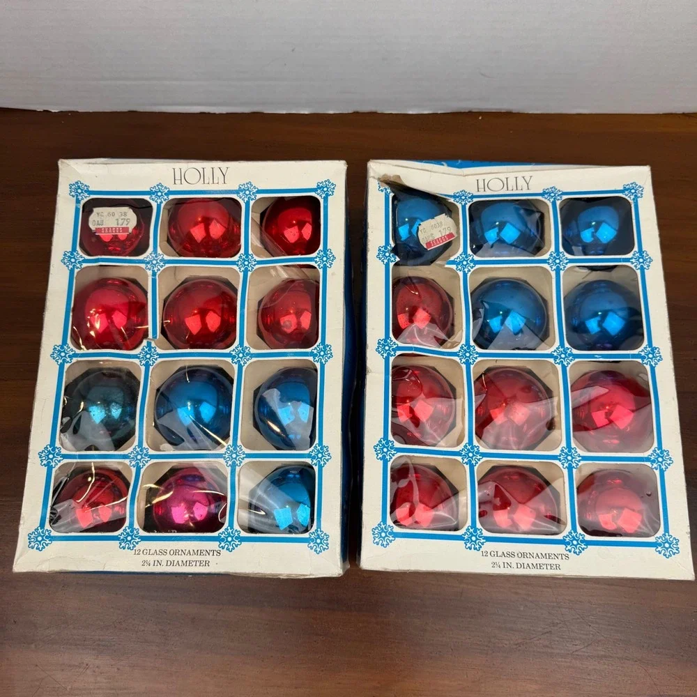 Vintage Holly Glass Christmas Ornaments Red Blue Set of 24 2.25
